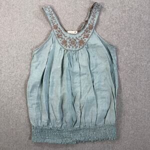 Mine Y2k Embroidered Halter Smocked Hem Tank Top Size Medium Blue Brown Pleated